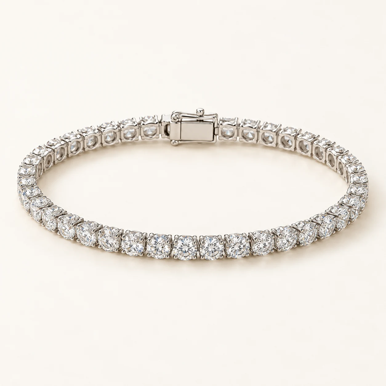 Lumière Line in Silver, tennis bracelet, one continuous single row of round clear cubic zirconia prong settings, box clasp, no extender